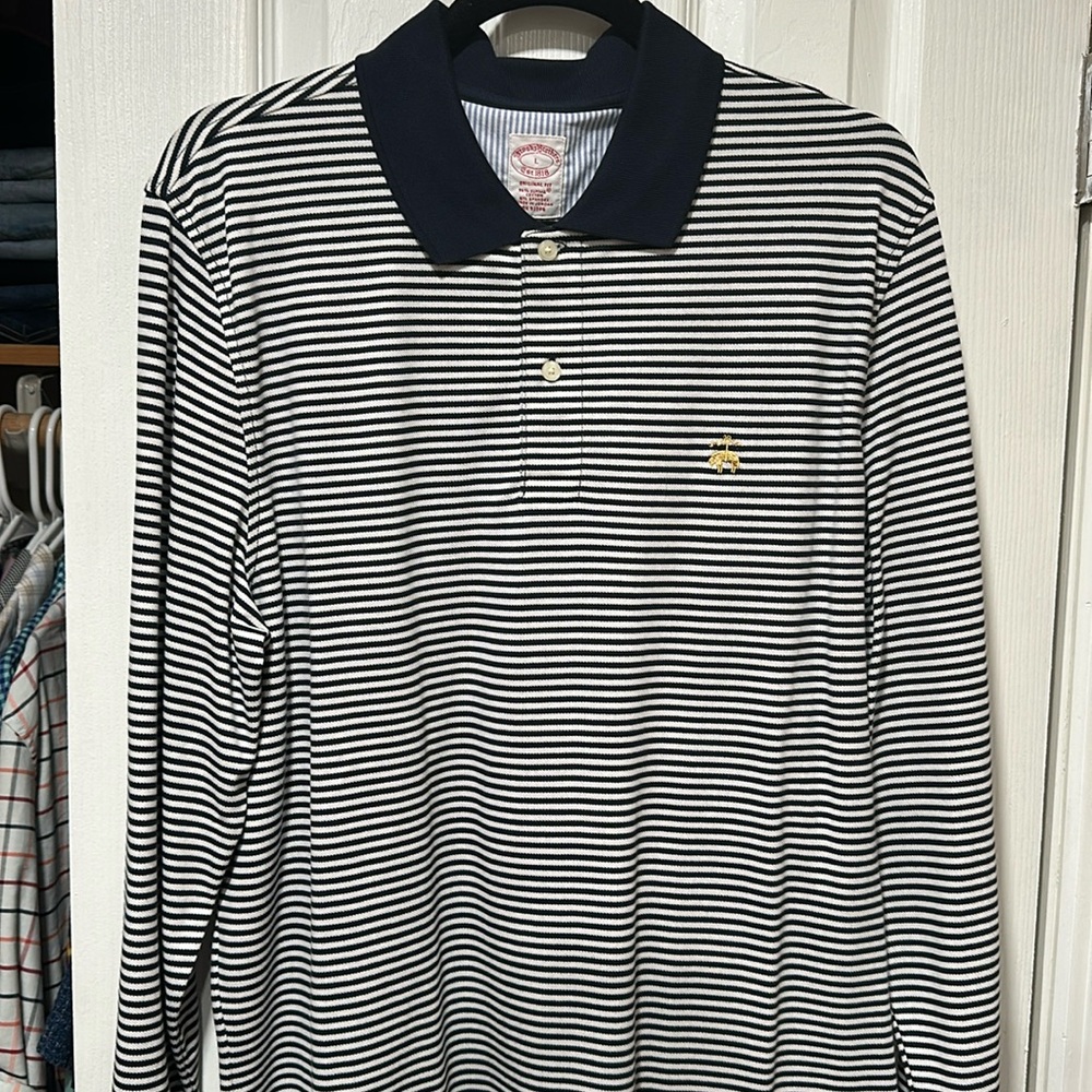 NEVER WORN Large brooks brothers polo style striped navy blue and white shirt
